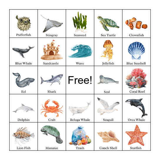 Watercolor Ocean Bingo Card