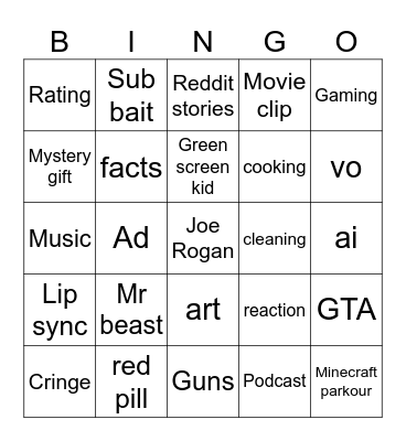 YOUTUBE SHORTS Bingo Card