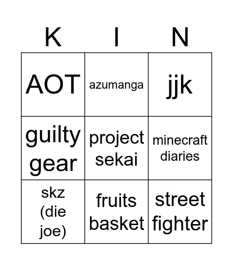 Kinnie Bingo Card