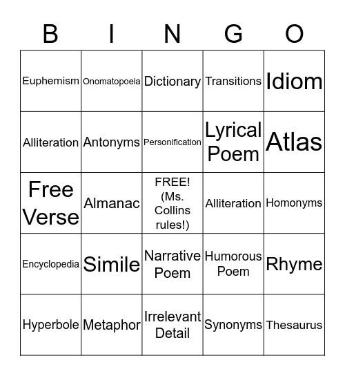 ELA Cover Sheet Bingo Card