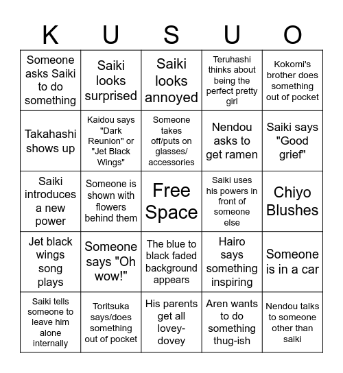 Saiki K. Bingo Card