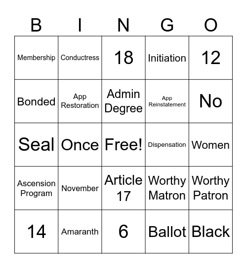 Bingo By-Laws Bingo Card