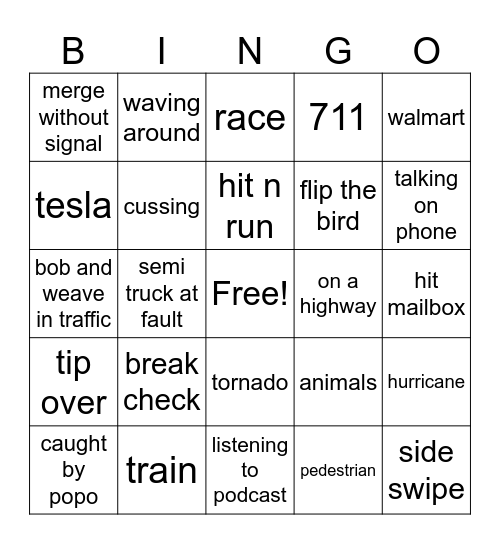 road rage Bingo Card