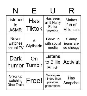 Gen Z bingo Card