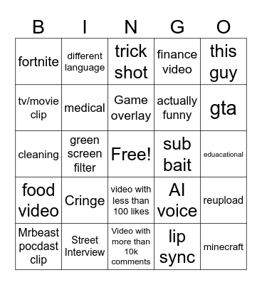 Youtube Shorts Bingo Card