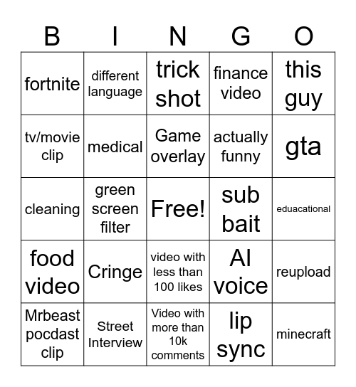 Youtube Shorts Bingo Card