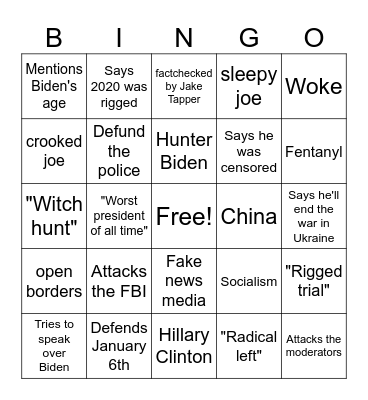 Trump Debate Bingo Card