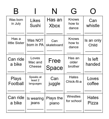 YOUTH HUMAN BINGO Card