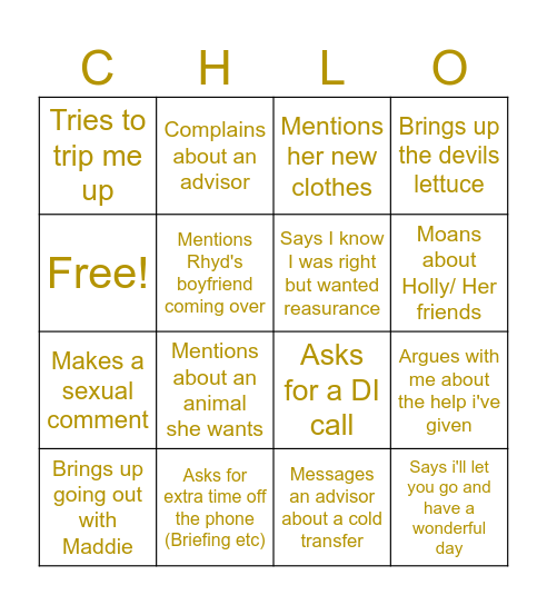 Chloe Bingo Card