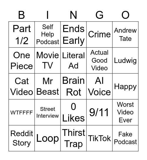 YT Shorts Bingo Card