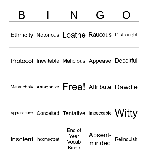 End of the Year Vocab Bingo Card