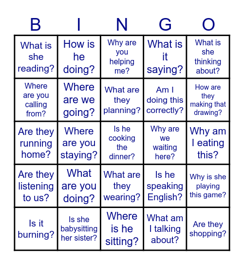 Present Continuous - Questions Bingo Card