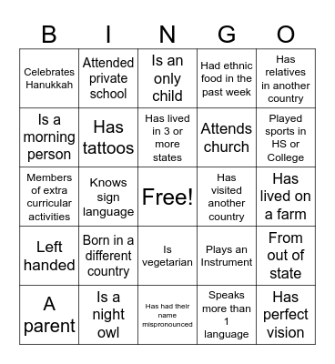 Diversity Bingo Card