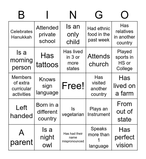 Diversity Bingo Card