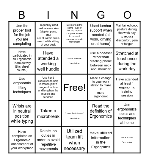 Ergonomics BINGO! Bingo Card