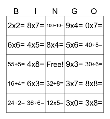 Multiplication/Division BINGO Card