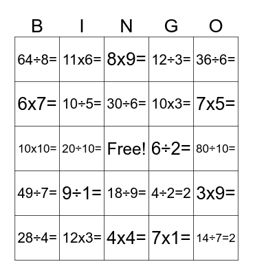Multiplication/Division BINGO Card