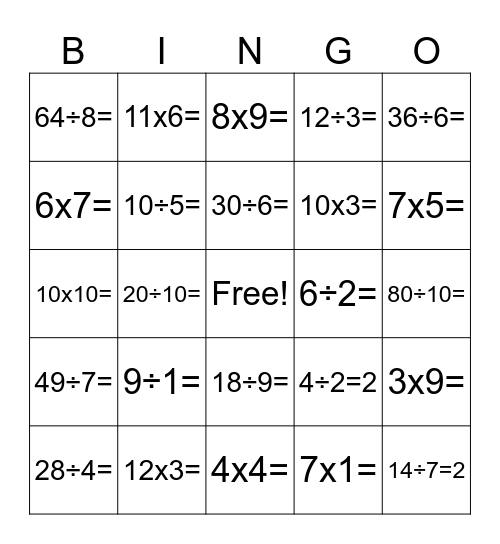 Multiplication/Division BINGO Card