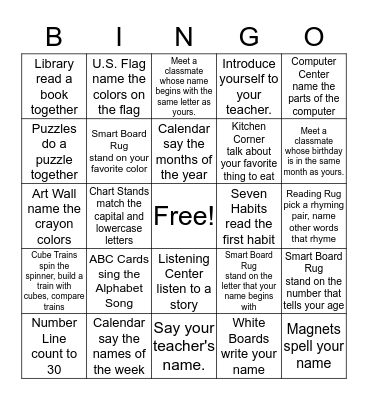 Kindergarten BINGO Card