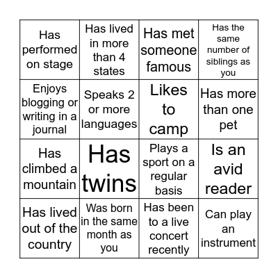 NCL Get To Know You Bingo Card