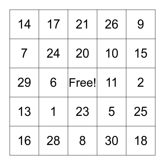 NUMBER BINGO Card