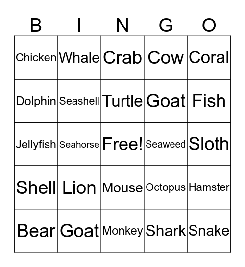 Animal Bingo Card