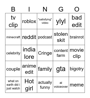 Youtube Shorts Bingo Card