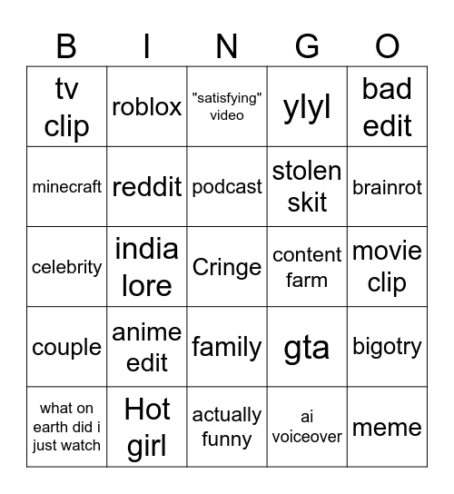 Youtube Shorts Bingo Card