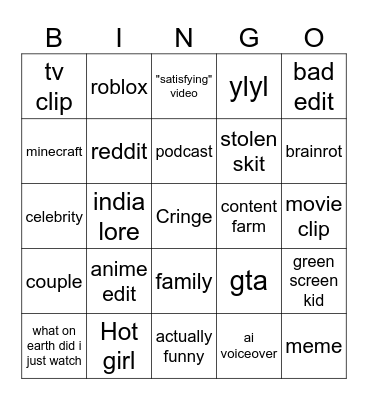 Youtube Shorts Bingo Card