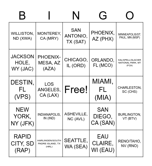 Destination Bingo! Bingo Card