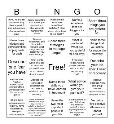 Recovery Bingo! Bingo Card