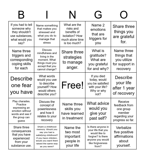 Recovery Bingo! Bingo Card