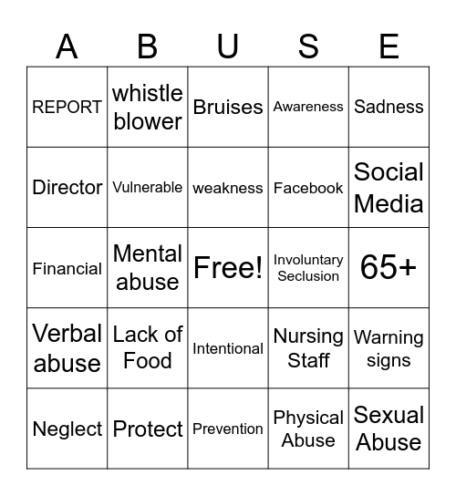 Elder Abuse Bingo Card