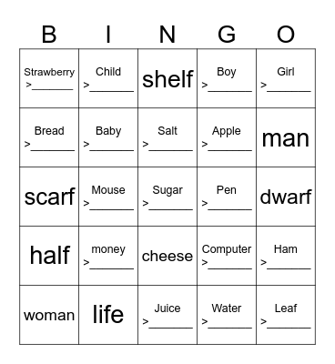 bingo with plural nouns Bingo Card