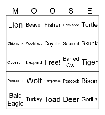 Animal Bingo! Bingo Card