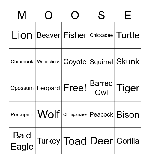 Animal Bingo! Bingo Card