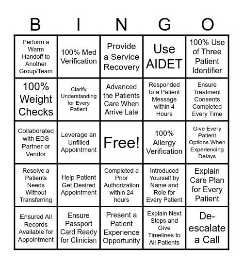 Patient Experience Bingo Card