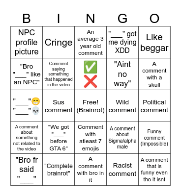 YT Comment bingo Card