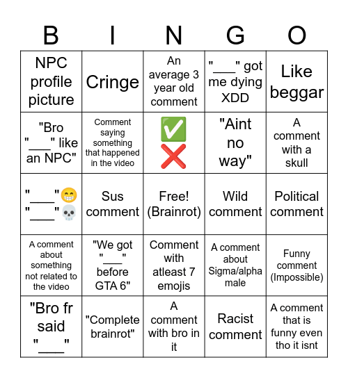 YT Comment bingo Card