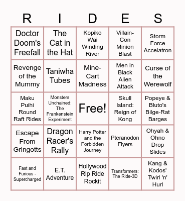 Universal Destinations & Experiences Rides Bingo Card