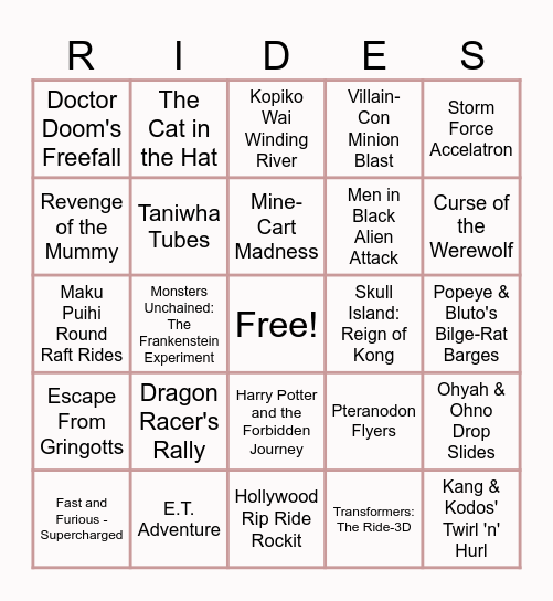 Universal Destinations & Experiences Rides Bingo Card