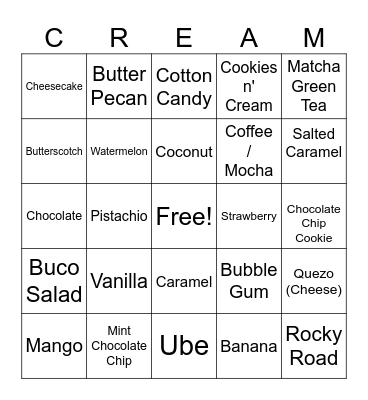 Ice Cream Flavor Bingo Card