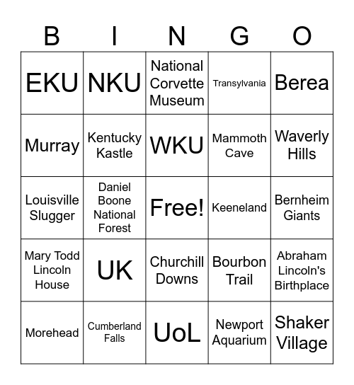 Kentucky Bingo Card