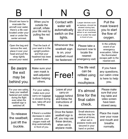 (IBC) TGG AIRLINE SAFETY INSTRUCTIONS Bingo Card