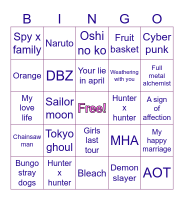 Friend's Bingo! Anime edition Bingo Card