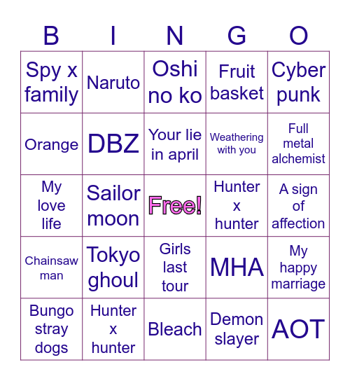 Friend's Bingo! Anime edition Bingo Card