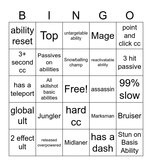 Lol New Champ Bingo Card