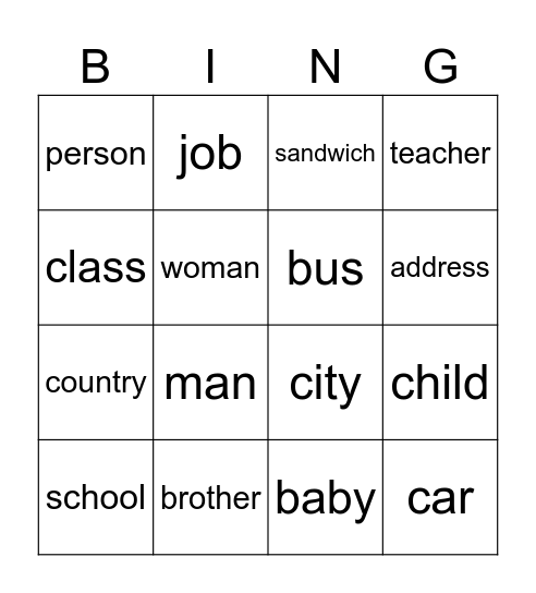 find the plural Bingo Card