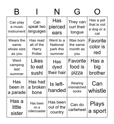 Get To Know You BINGO Card