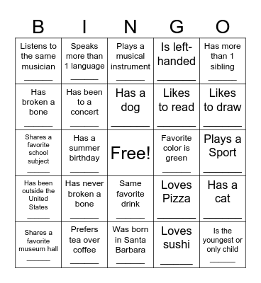 Getting to Know You Bingo Card